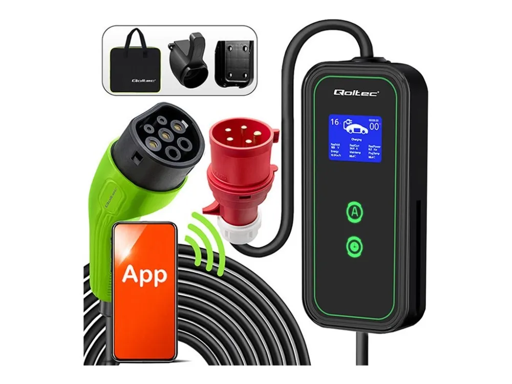 Qoltec Mobillader for elbil med 2-i-1 regulering Type2 | 11kW | CEE 5 PIN | Wi-fi| LCD | 3 faser | Bærbar | Wallbox | 5m