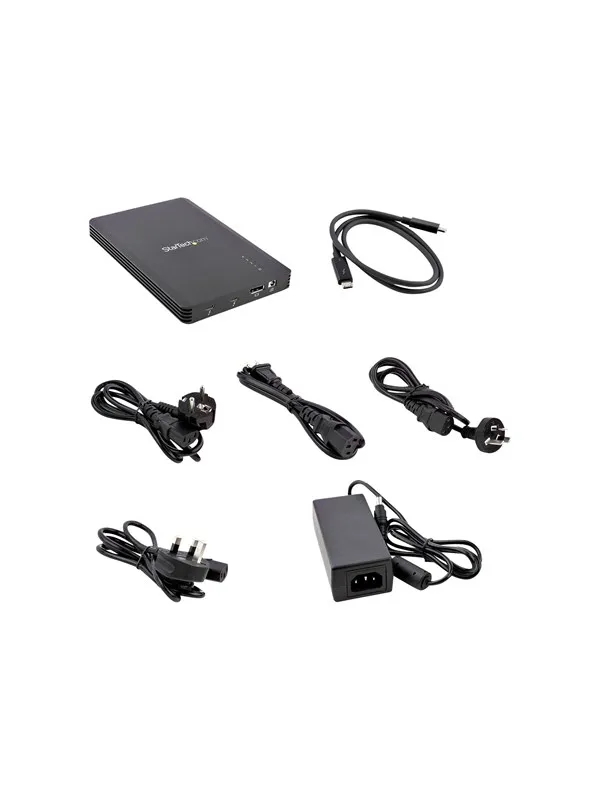 Startech 4 Bay Thunderbolt 3 NVMe Enclosure, For M.2 NVMe Solid State Drives, 1x DisplayPort Video & 2x TB3 Downstream Ports, Up to 40Gbps, 72W Power Supply - 4 Bay M.2 SSD External Hard Drive Enclosure (M2E4BTB3) - Drevkabinett - M.2 - M.2 NVMe Card / PCIe (NVMe) - Thunderbolt 3 - svart