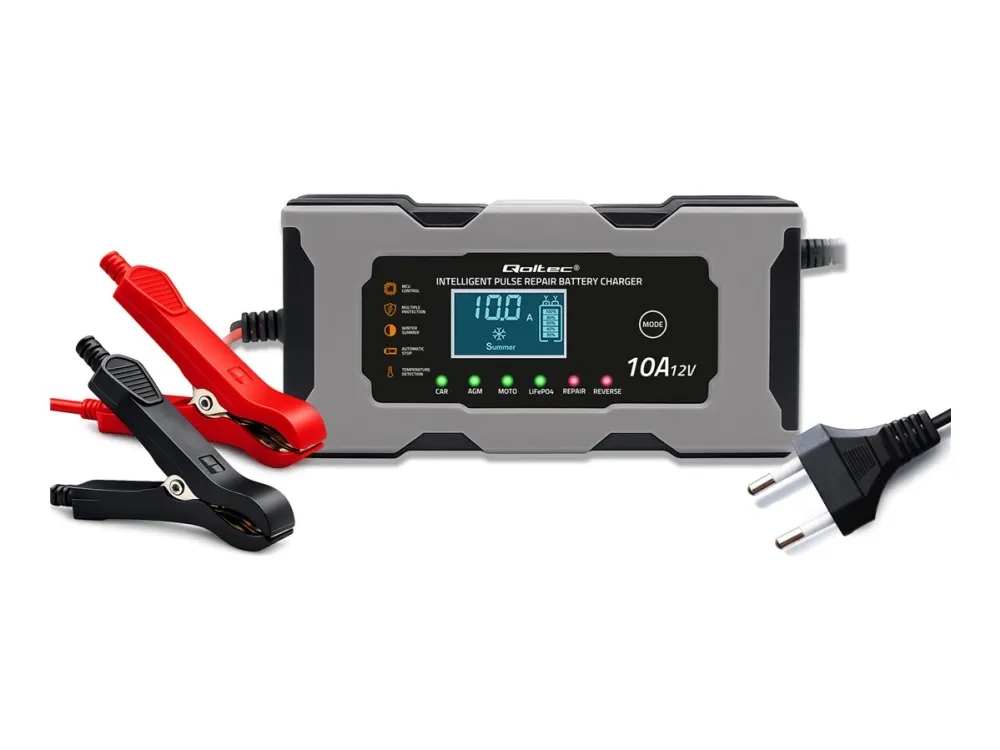 Qoltec intelligent mikroprosessorbasert lader 12 V 10 A | likeretter med reparasjonsfunksjon for AGM GEL LiFePO4-batteri | LCD