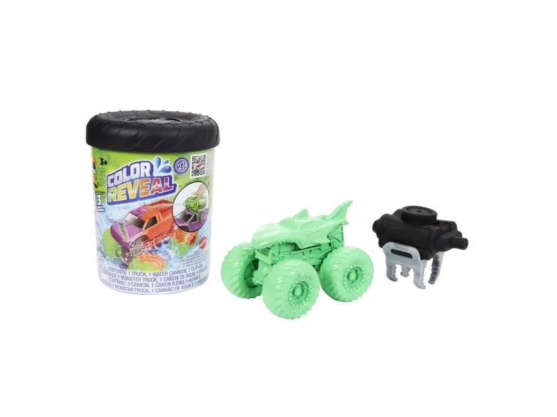 Hot Wheels Monster Trucks Color Reveal-bil, fargeendrende bil i målestokk 1 : 64 med to kopper, lokk og smadret bil-vannskyter, Monster truck, 3 år, Plast, Metall, Assorterte farger