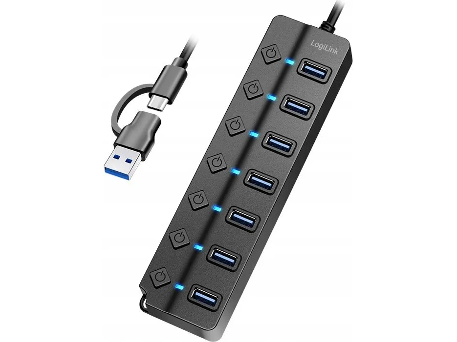 LogiLink USB 3.2 Gen1 Hub 7 port av/på bryter svart