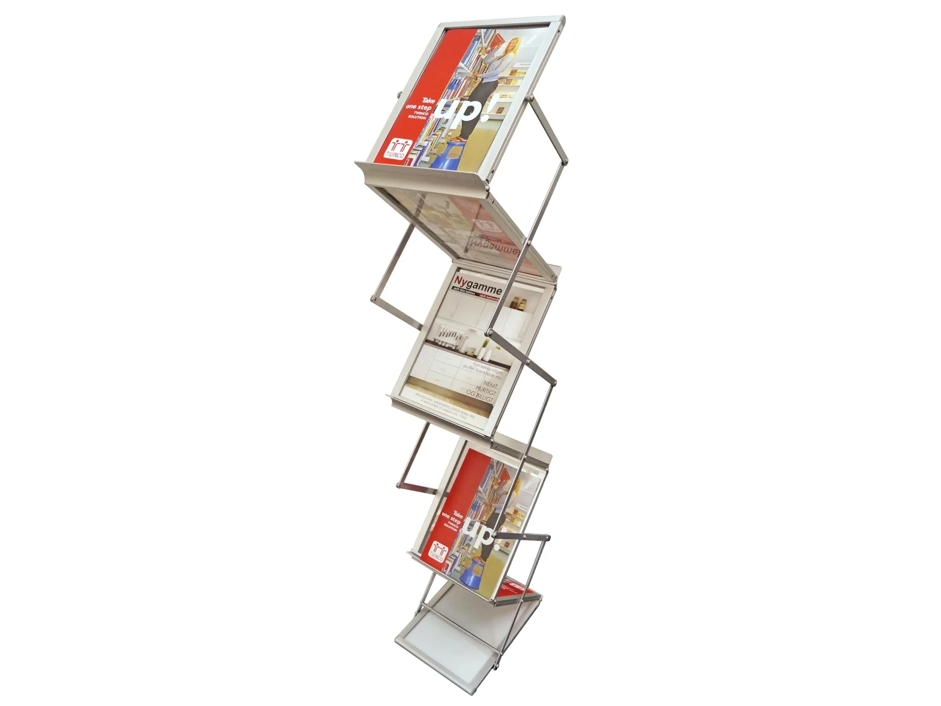 Brochure holder, Twinco Twin Light, 450x310x140mm A4 6 fag gulvmodel Z-shape, sølv