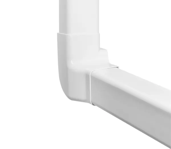 Kanal tilslutning hjørne ved drejning 90 grader mod højre. Farve i hvid. For udendørs brug, UV-modstandsdygtig plast.