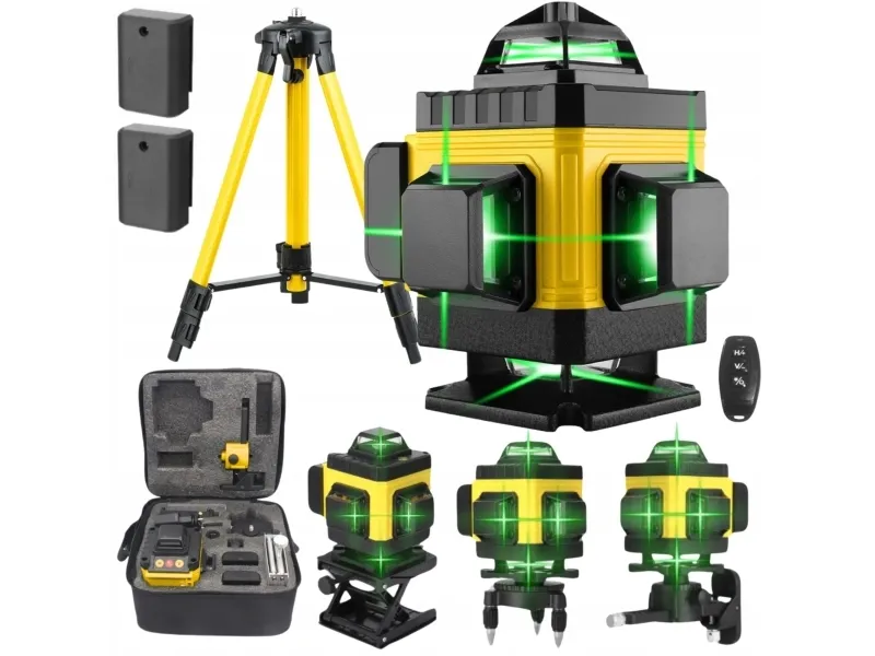 Extralink Rinkinys POZIOMICA LASEROWA KRZYOWA PASZCZYZNOWA LASER 4D ZE STATYWEM, 16 m, 0,1 mm/m, 1°, Roterende laservater, Sort, Gult, Akrylonitril-butadien-styren (ABS)