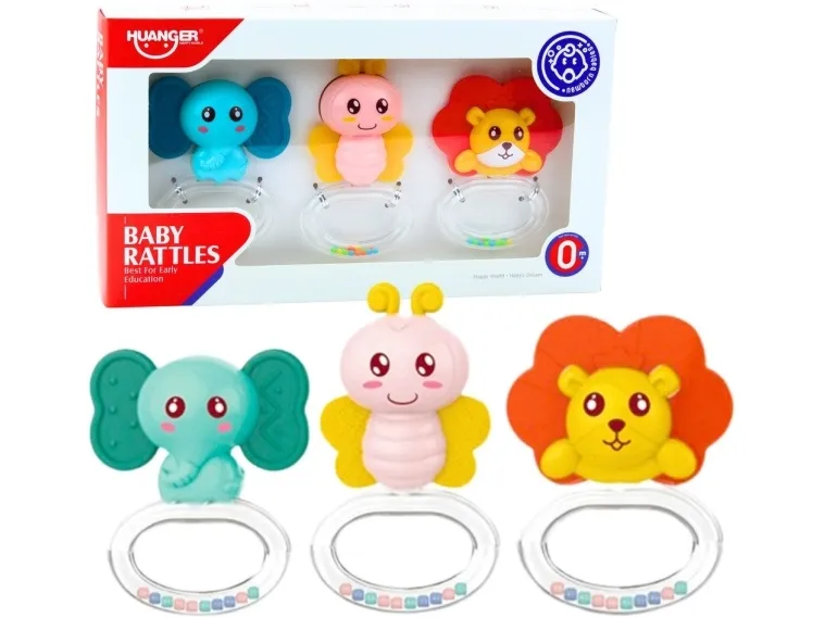 LeanToys sett med biteringer rasleleker til baby 3 deler dyr