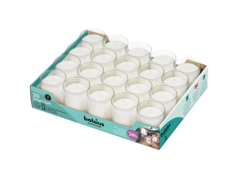Refill, Bolsius, 6,5cm, Ø5,2cm, klar, 24 timer, paraffin, til Relight stager - (80 stk.)