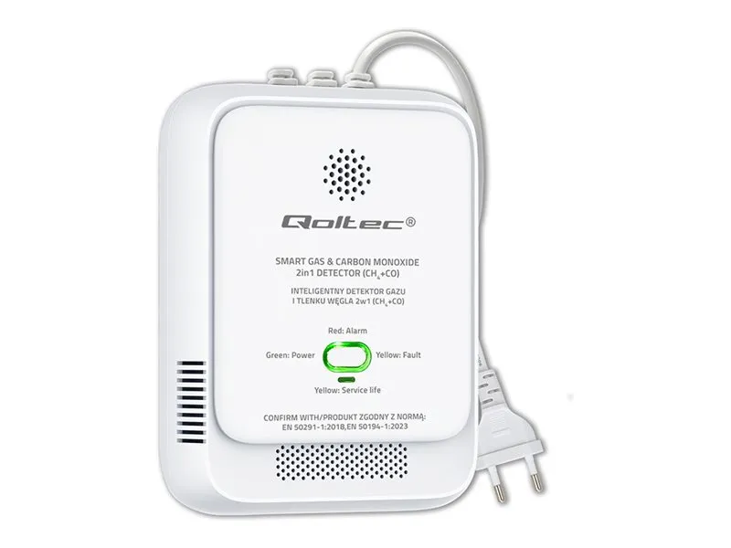 Qoltec-sertifisert lekkasjedetektor for naturgass og karbonmonoksid (Chad) | CH4CO-detektor | 5 års levetid for sensor | 85 dB alarm | LED
