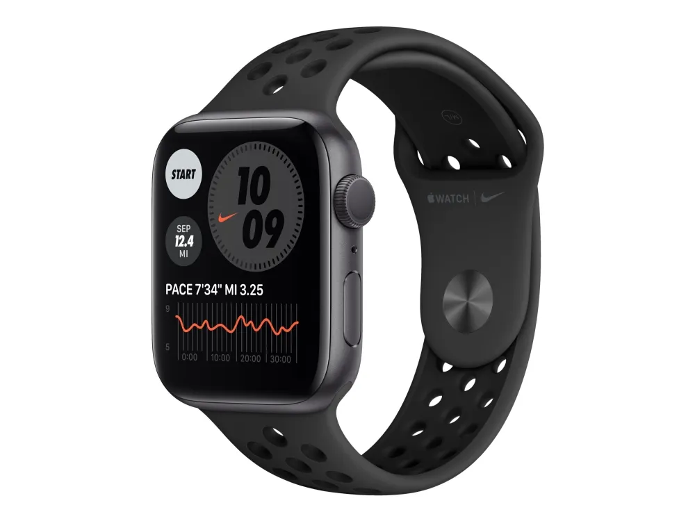 Apple Watch Nike Series 6 (GPS) - 44 mm - space gray aluminum - smartklokke med Nike-sportsmerke - fluorelastomer - antrasitt/svart - båndbredde: S/M/L - 32 GB - Wi-Fi, Bluetooth - 36.5 g