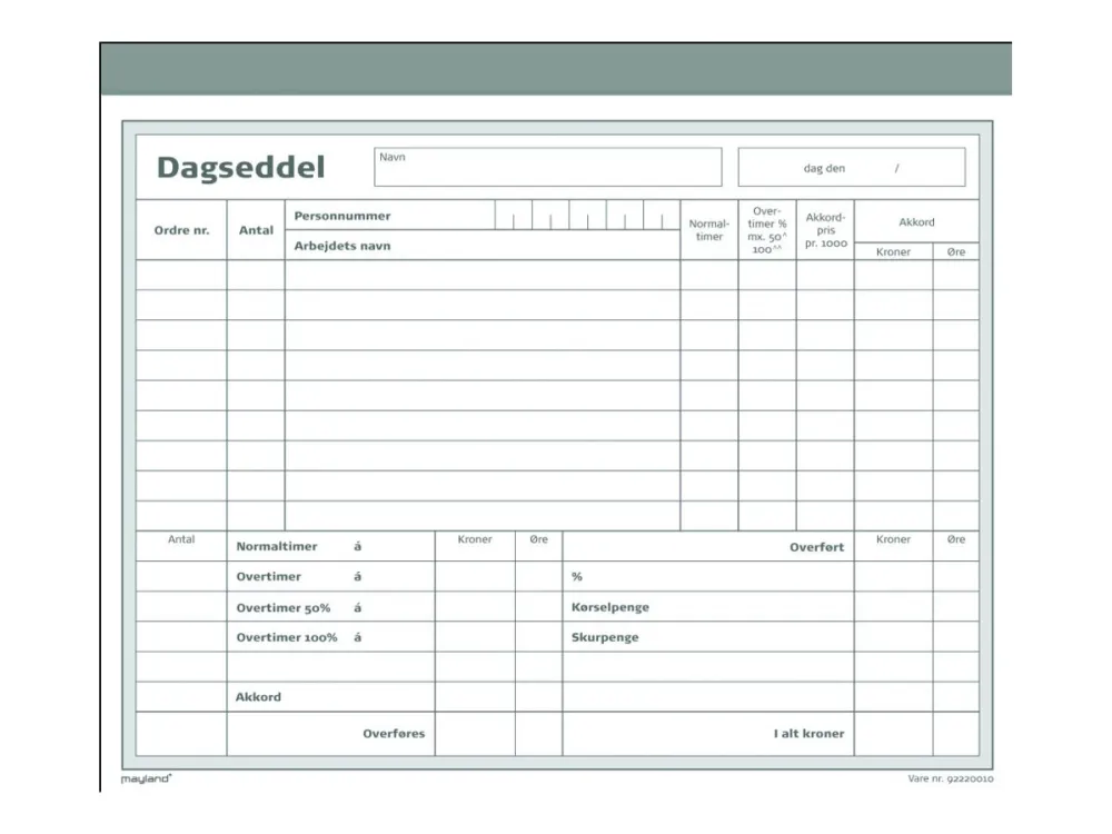 Mayland - Dagstimeseddel - 50 ark - 200 x 148 mm - dublett - blåpapirkopi - nummerert