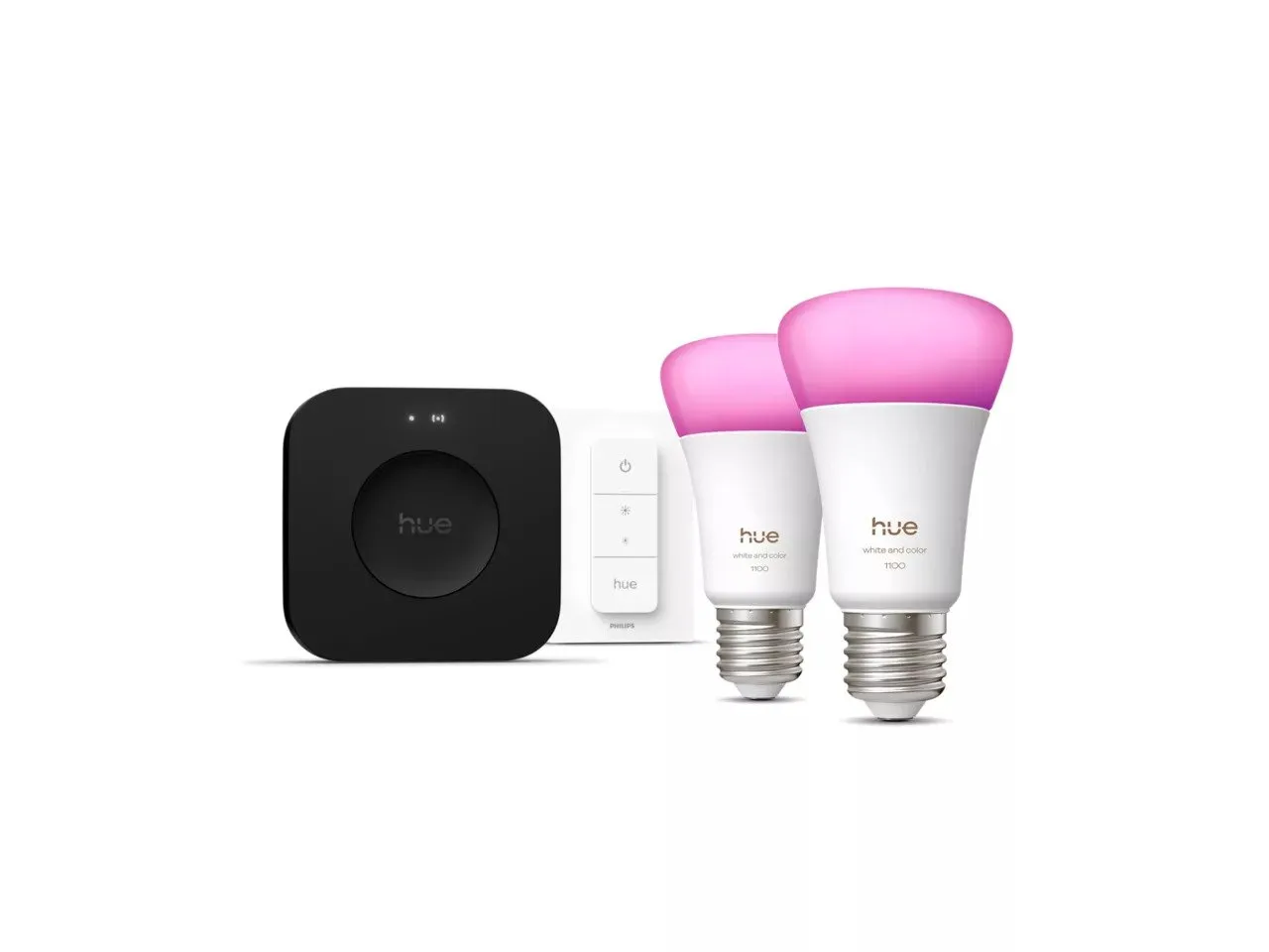 Philips Hue White and Color Ambiance startsett - 2 x E27-pærer (1100 lm) + dimmer + Bridge Pro