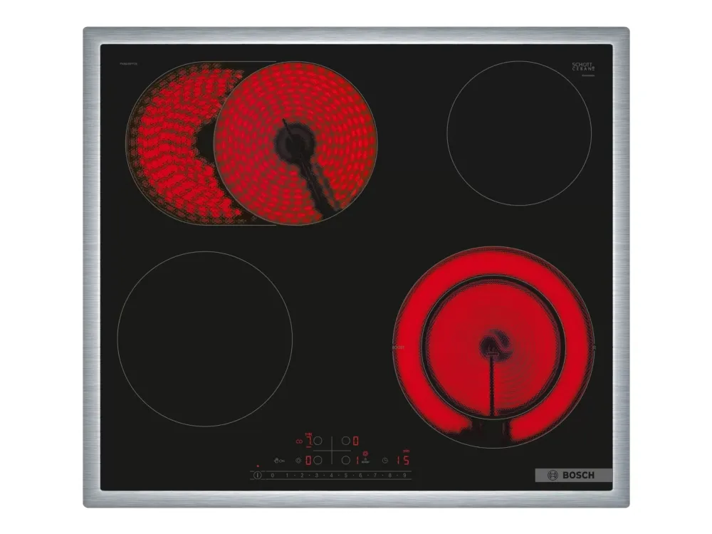 Bosch Serie | 6 PKN645FP2E - Keramisk komfyrtopp - 4 plater - Nisje - bredde: 56 cm - dybde: 49 cm - med pynt av rustfritt stål - svart