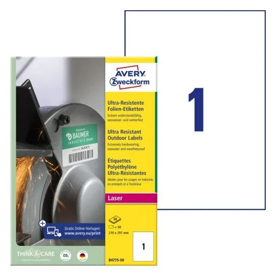 Etiketter Avery 210 x 297 mm, A4, hvite - ekstremt slitesterke og elastiske, for laserskrivere - (50 stk.)