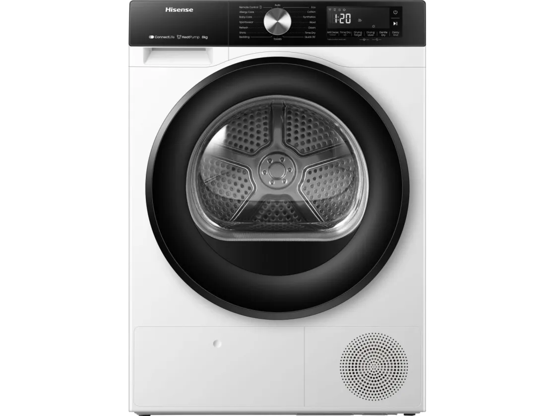 Hisense DH3S802BW3, Frittstående, Frontmatet, Varme pumpe, Hvit, Rotasjon, Berøringskontroll, Venstre