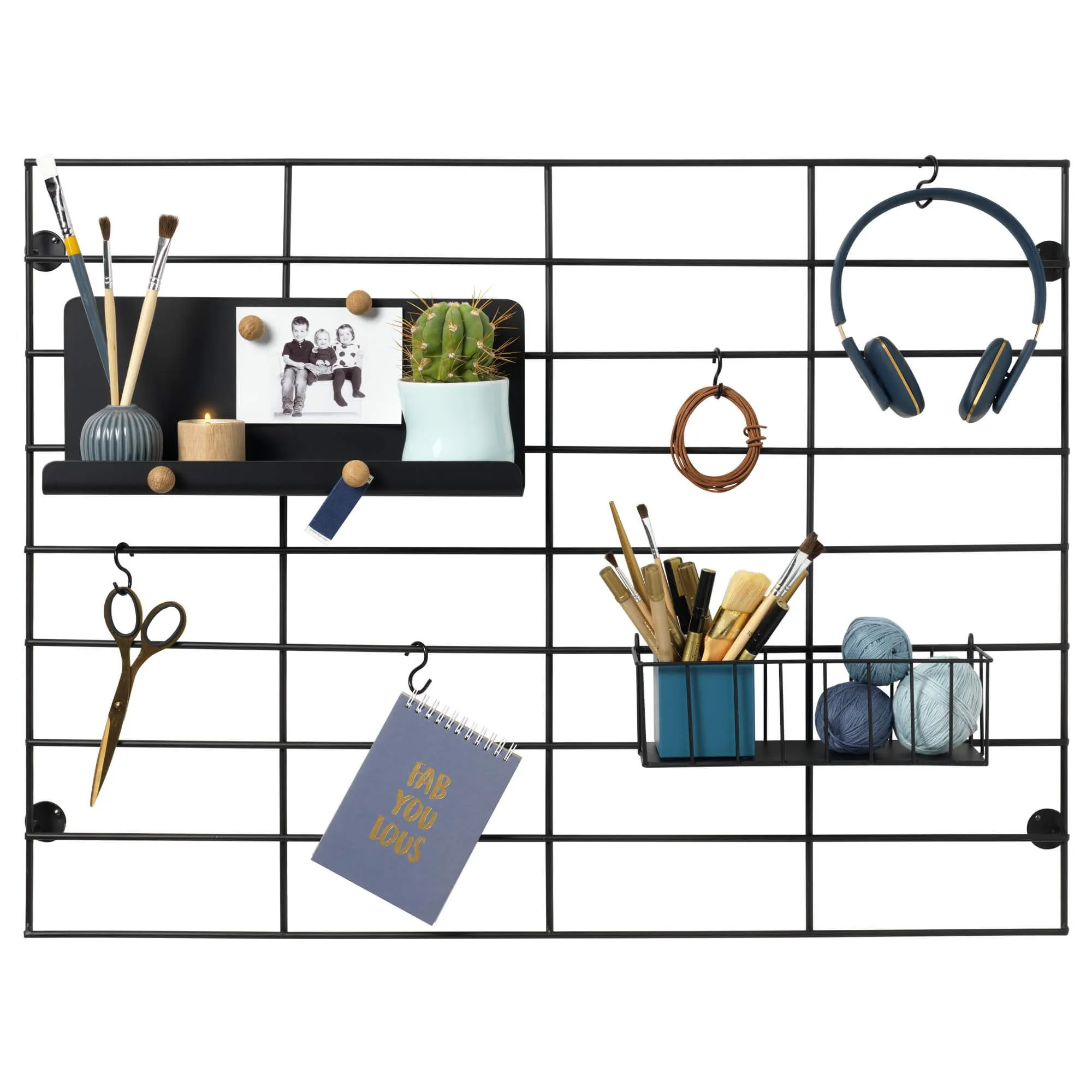Gitter organizertavle i sort metal 80x 60 cm - inkl. 1 stk. hylde, 1 stk. kurv og 4 S-kroge