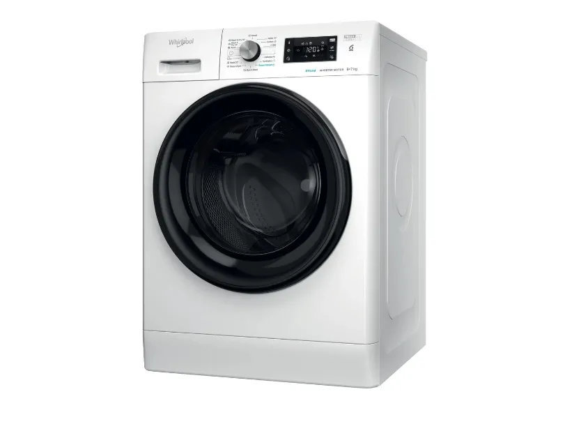 Whirlpool FFWDB976258BVEE, Frontmatet, Frittstående, Hvit, Venstre, Sort, Knapper, Rotasjon