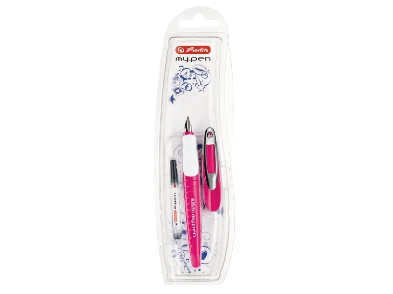 Herlitz skole fyllepenn my.pen M-spiss rosa/hvit - rosa - hvit - patronfyllingssystem - blå - gummi - rustfritt stål - blisterpakning (50046805)
