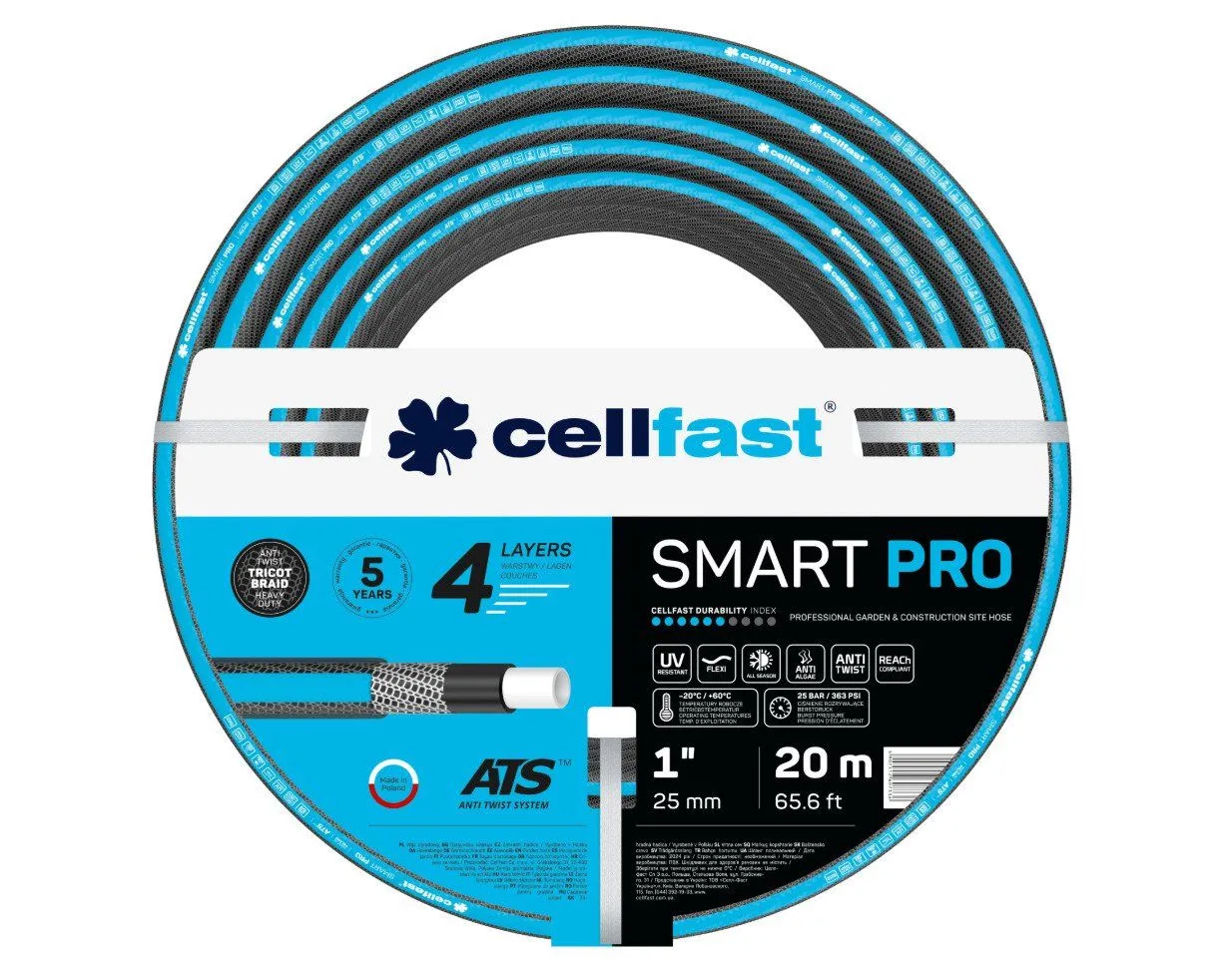 Cellfast 4-lags hageslange 20m SMART PRO ATS 1 (Ø25,4mm) 25bar, -20/+60 grader