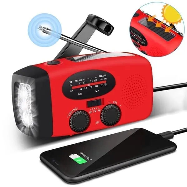 Nødradio med solcelle og håndsveiv Solcelle 2000mAh Powerbank SOS