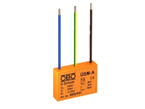 Obo Bettermann ÜSM-A. Nominell strømutgang: 16 A, toppstrøm fellesmodus: 6000 A. Produktfarge: Oransje. Vekt: 15g, Bredde: 124mm, Dybde: 36mm. Sertifisering: CE (5092451)