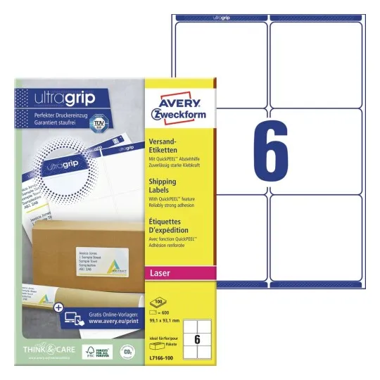 Shippingetiket Avery Zweckform QuickPEEL™ L7166-100 hvid 99,1x93,1 mm - (100 ark x 6 stk.)