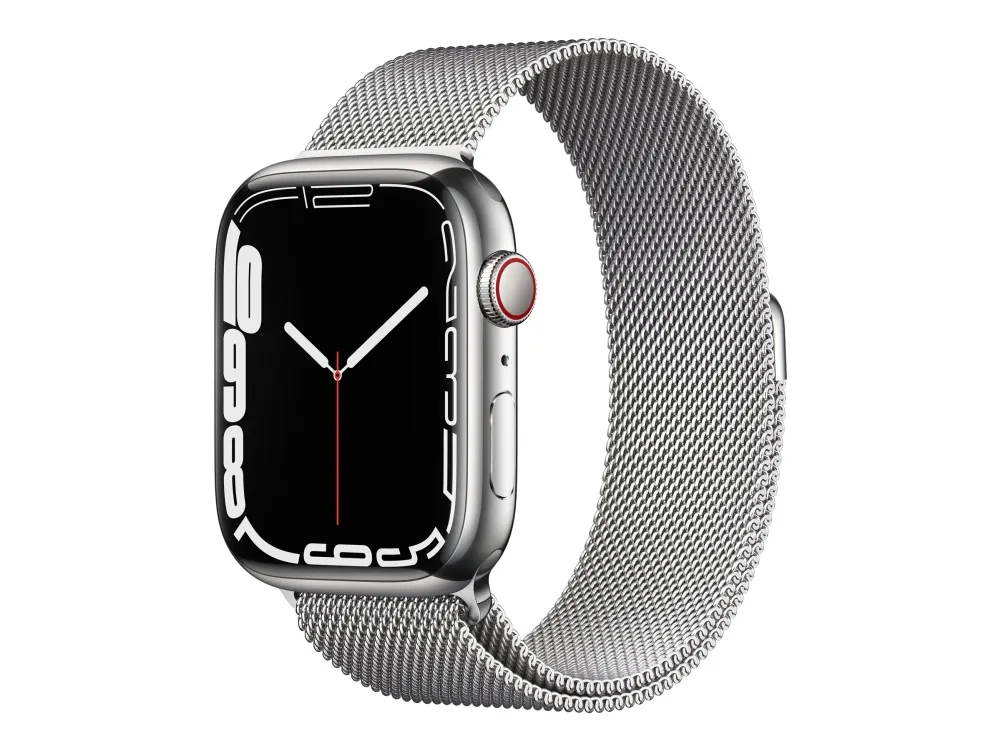Apple Watch Series 7 (GPS + Cellular) - 45 mm - sølv rustfritt stål - smartklokke med fint strikket løkke - rustfritt stål - sølv - håndleddstørrelse: 150-200 mm - 32 GB - Wi-Fi, Bluetooth - 4G - 51.5 g