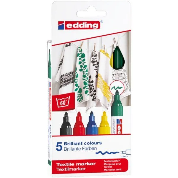 Edding tekstiltusjer 5 stk. Basic Colors 2-3 mm strek - vaskbar opptil 60 grader - fikseres før 1 vask med strykejern