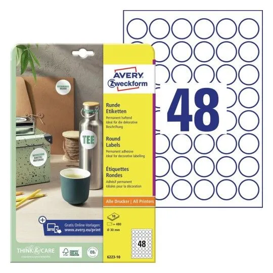 Avery Zweckform etiketter papir, A4, 10 ark, str. 30 mm, runde, holdbare