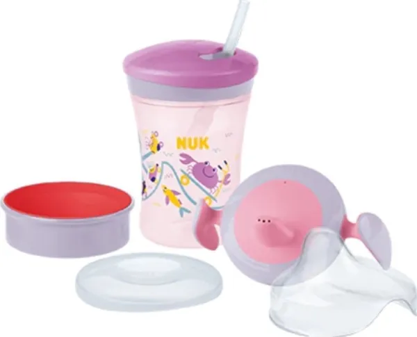 NUK drikkelæringssett med tre drikkespisser - lilla/rosa