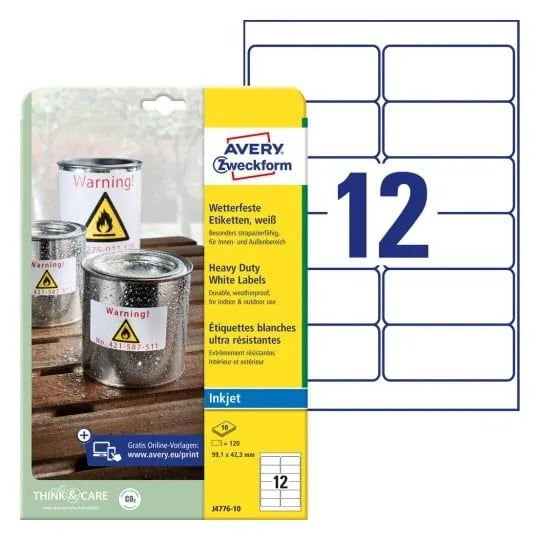 Etiketter Avery 99,1x42,3 mm, hvid, holdbare, til inkjet - (10 ark x 12 stk.)