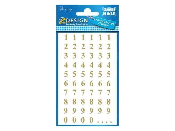 Z-Design 3728 Etiketter med tall, Lite format, 124 etiketter, gull Bruk Avery 3728 selvklebende tall til organisering, identifisering og merking - både inne og ute.