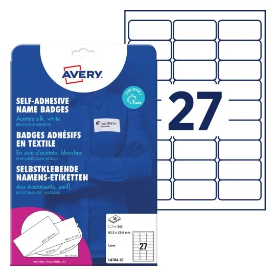 Avery L4784 - Silke - hvit - 29.6 x 63.5 mm 540 stk (20 ark x 27) etiketter til navneplater