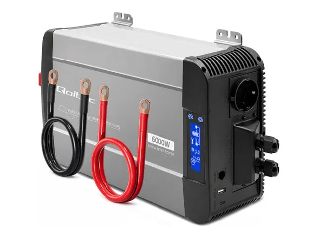 Qoltec - DC til AC strømomformer / batterilader / UPS - pure sine wave, bypass, USB, compatible with LiFePO4 GEL AGM - AC 230 V / DC 12 V - 6000 watt - RS-485 - utgangskontakter: 1 - svart, grå