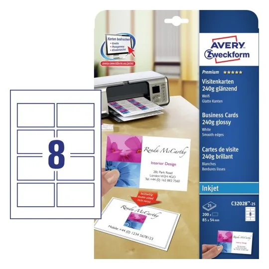 Visitkort Avery C32028-25 hvid blank 85x54 mm til inkjetprinter 240g - (8 stk. x 25 ark)