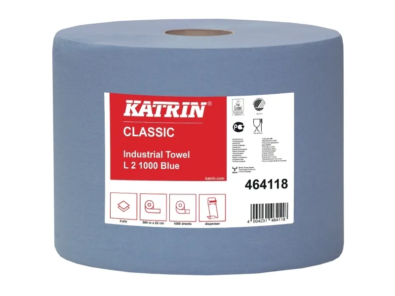 Aftørringsrulle Industri Katrin 2-lag Ø29cm B22cmxL360m Genbrug Blå,2 rl x 360 m/krt