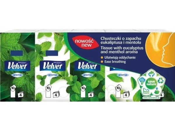 Fløyels VELVET vev, eukalyptus og mentol, 4-lags, 10x10 stk., hvit