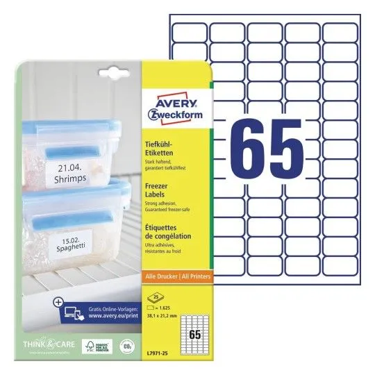 Fryseetiketter Avery 38,1x21,2 mm hvid - (65 stk. x 25 ark)