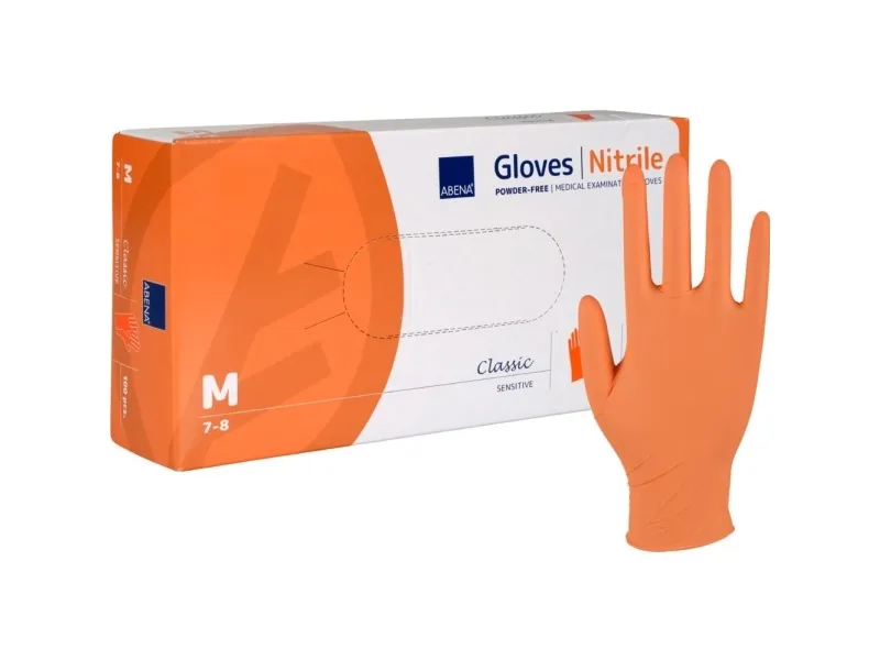 Undersøkelseshanske, ABENA Classic Sensitive, M, oransje, nitril, pudderfri - (100 stk.)