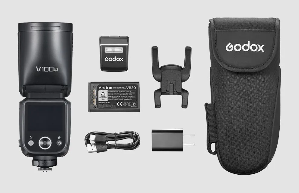 Godox V100, 1,7 sek./side, Trådløs forbindelse, 32 kanaler, 616 g, Kompakt blitz (NIKON)