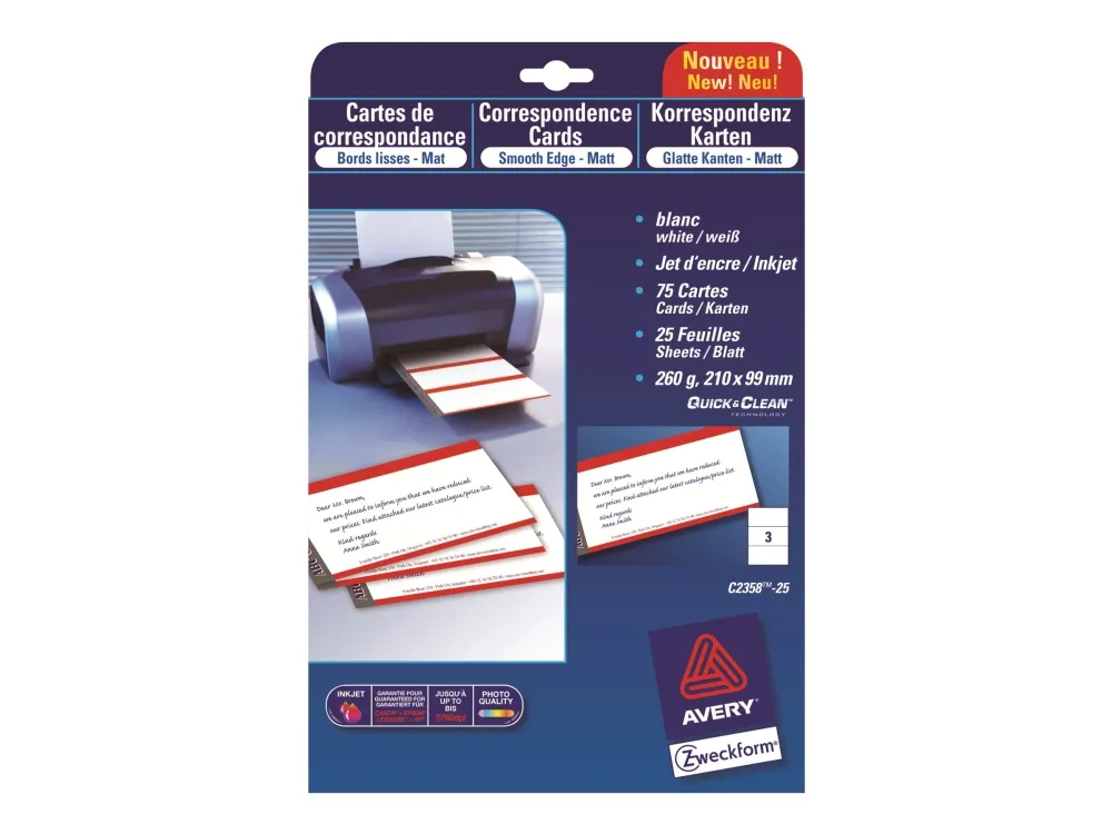 Avery Quick&Clean - Hvit - 99 x 210 mm - 220 g/m² - 75 kort (25 ark x 3 visittkort