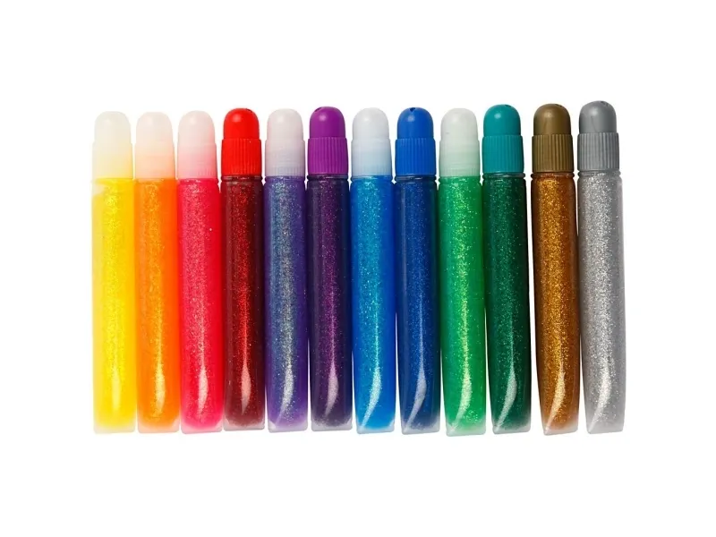 Glitterlim, pakke med 12 tuber a 10 ml i forskellige farver