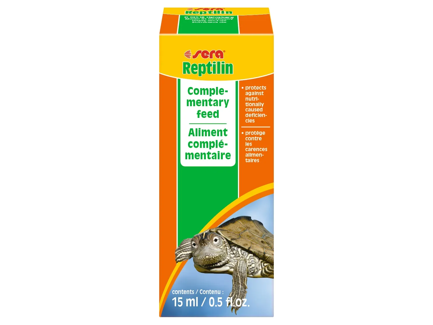 sera Reptilin, Skilpadde, Væske, Beinhelse, Generelle helsefordeler, Pels og hud, Universell, Vitamin A, Vitamin B1, Vitamin B12, Vitamin B2, Vitamin B6, Vitamin E, Vitamin K, Kalsium, Strykejern, Magnesium, Phosphorus, Kalium, Natrium, Zink