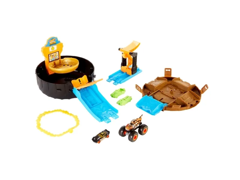 Hot Wheels Monster Trucks Stunt Tire-lekesett med utskyter, 1 -bil i målestokk 1:64 og 1 monstertruck, Kjøretøy og banesett, 4 år, Plast, Metall, Flerfarget