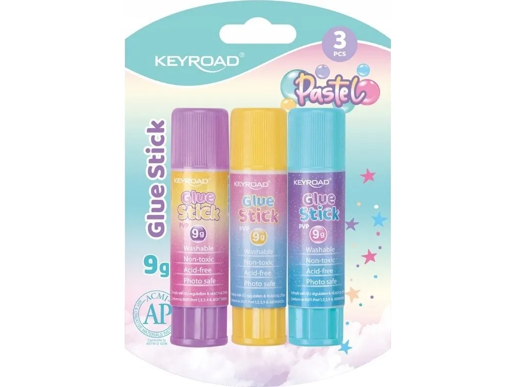 Keyroad lim med stift KEYROAD, pastell, PVP, 9 g, 3 stk., blister, blandede farger