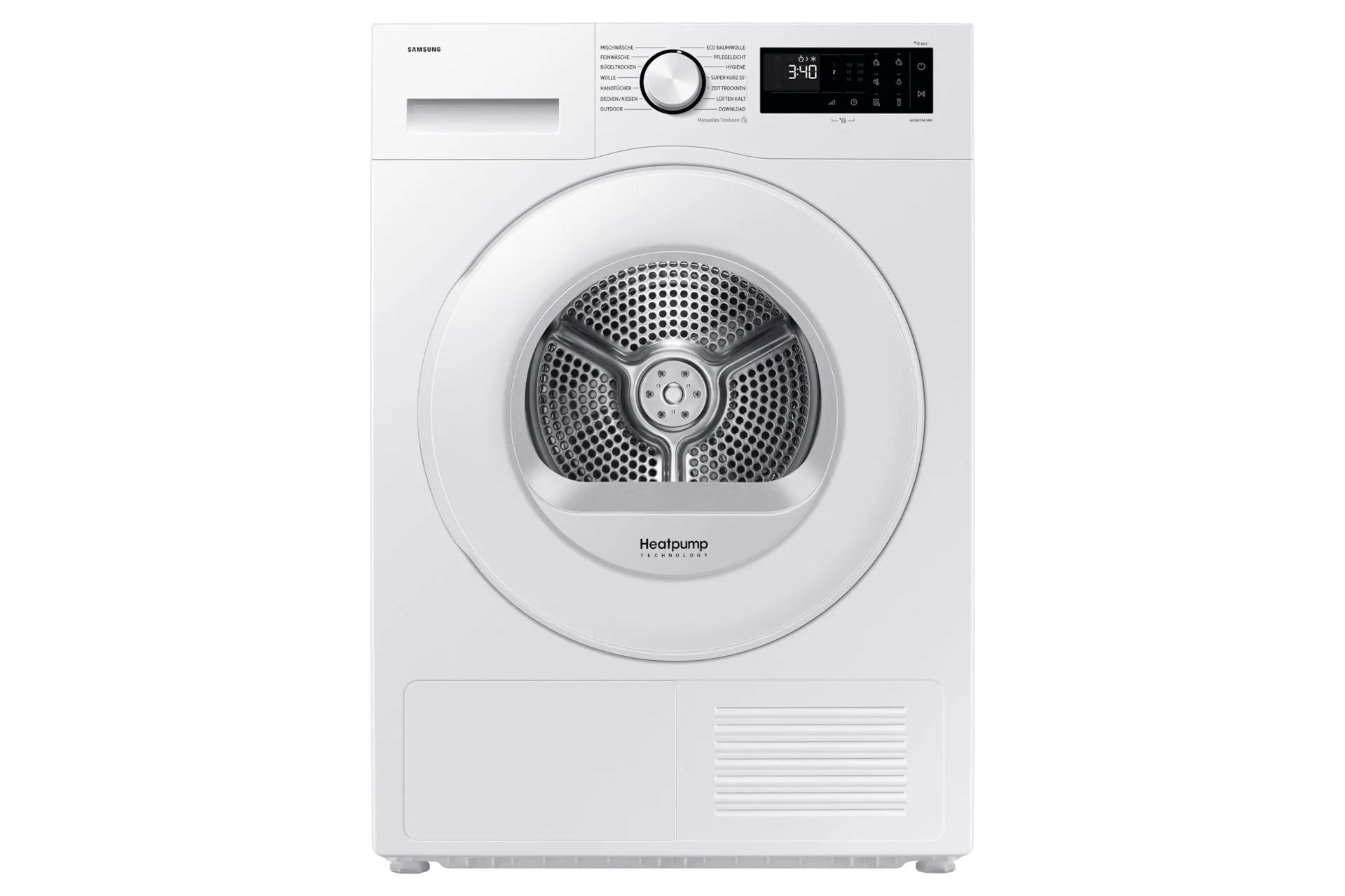 Samsung DV90DG52A0TE, Frittstående, Frontmatet, Varme pumpe, Hvit, Knapper, Rotasjon, Glassdør