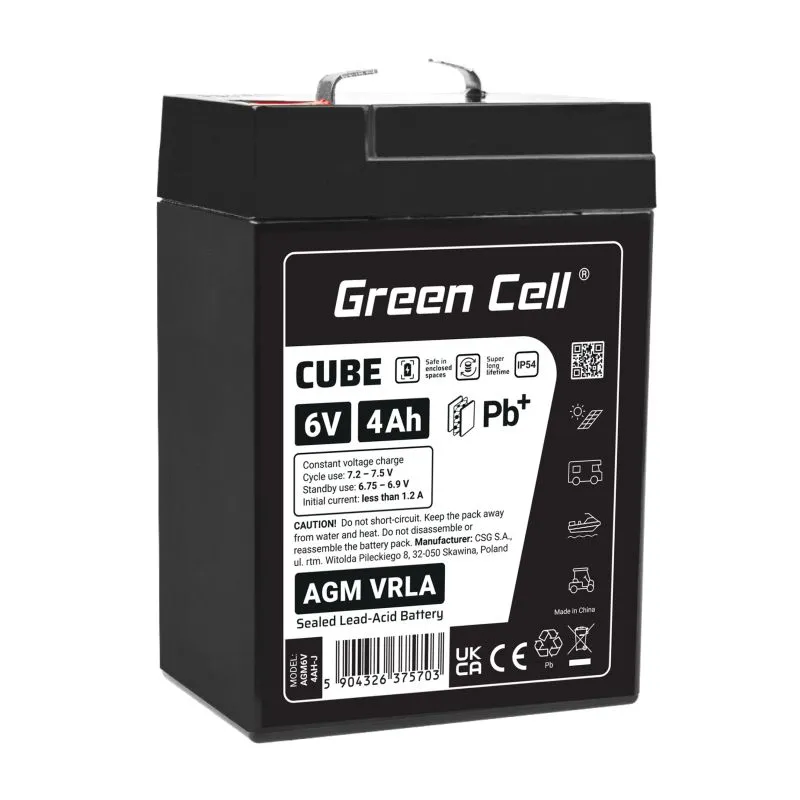 Green Cell AGM6V4AH-J, 6 V, 4 Ah, 1 stykker, 5 år, Svart, Forseglet blysyre (VRLA)