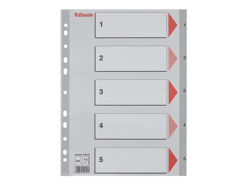 Esselte - Inndeler - fortrykt: 1-5 - for A4 (210 x 297 mm) - med fliker - grå