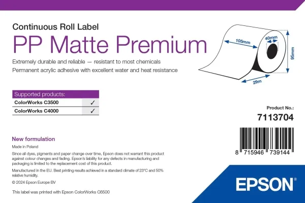 Epson Premium - Polypropylen (PP) - matt - permanent akryl-adhesiv - Rull A6 (10,5 cm x 29 m) 1 rull(er) sammenhengende etiketter - for ColorWorks CW-C4000