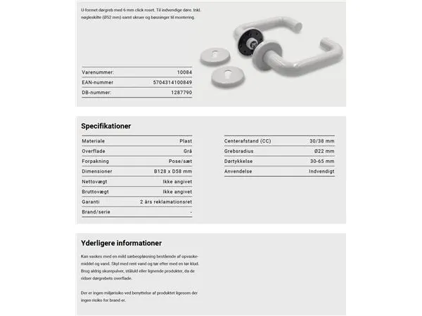 U-formet dørgreb i grå med 6 mm click roset. Til indvendige døre. Inkl. nøgleskilte (Ø52 mm), skruer og bøsninger til montering.