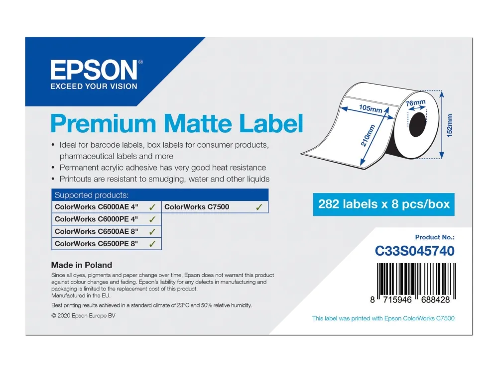Epson Premium - Matt - permanent akryl-adhesiv - sterkt hvitt - 105 x 210 mm 2256 etikett(er) (8 rull(er) x 282) stanseskårne etiketter - for ColorWorks CW-C6000Ae, CW-C6000Pe, CW-C6500Ae, CW-C6500Pe