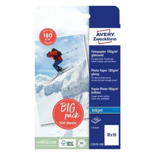 Fotopapir 10x15 cm 180g Glossy t/inkjet 1 foto/ark - (100 ark pr. pakke)